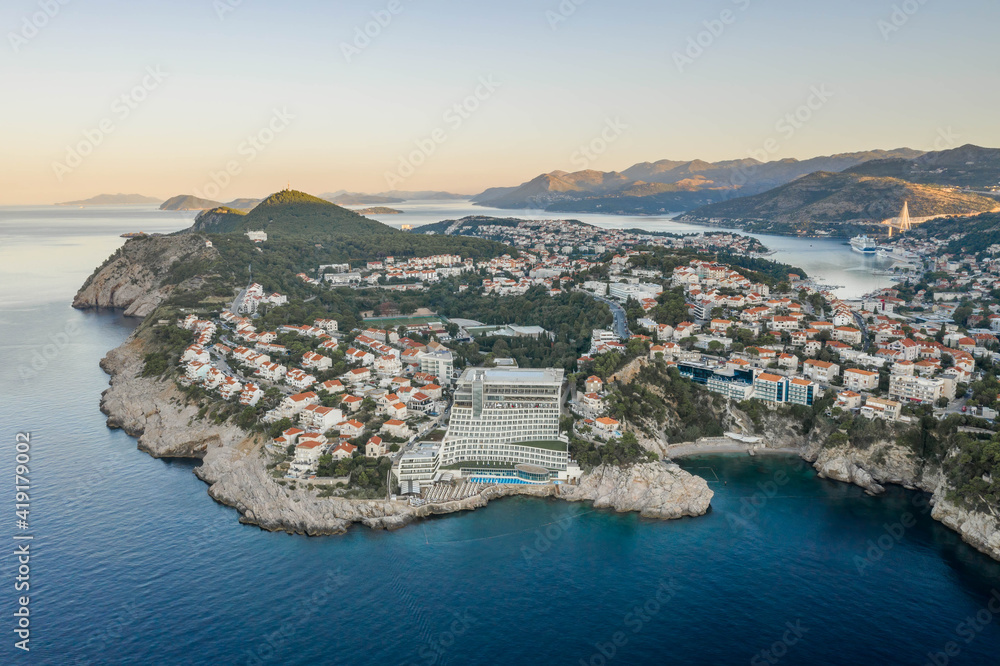 Aerial drone shot of Rixos Premium resort hotel empty in Croatia summer morning before sunrise