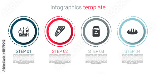 Set Saint Basil's Cathedral, Kankles, Jar of honey and Bread loaf. Business infographic template. Vector.