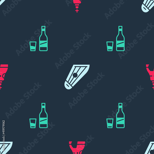 Set The Tsar bell, Kankles and Bottle of vodka with glass on seamless pattern. Vector.