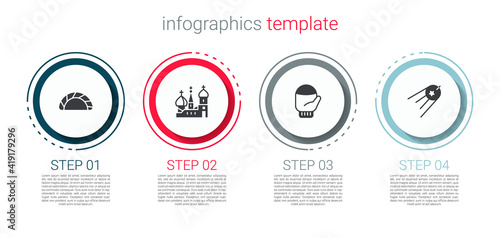 Set Dumpling, Saint Basil's Cathedral, Christmas mitten and Satellite. Business infographic template. Vector.