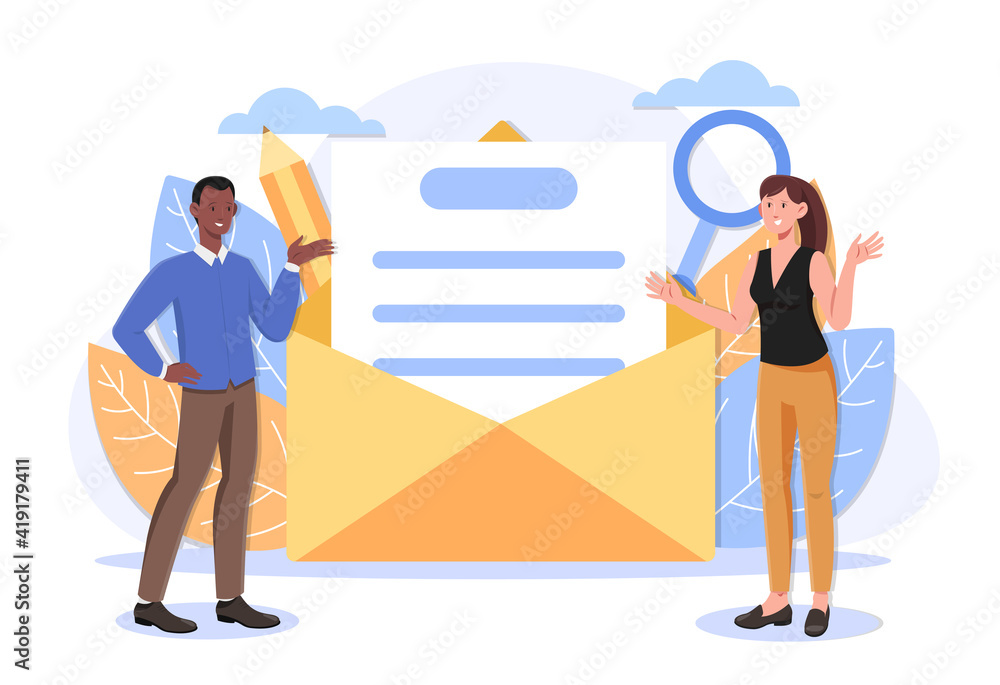 Relationship at a long distance, official mail service correspondence concepts. Multiracial couple. Flat abstract cartoon ui vector illustration. Website, web page, landing page template Relationship at a long distance, official mail service correspondence concepts. Multiracial couple. Flat abstract cartoon ui vector illustration. Website, web page, landing page template