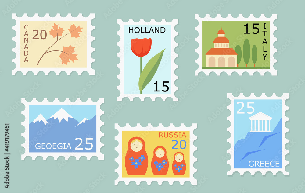 Set of creative post stamps with different countries landmarks and symbols. Fun postage stamp vector designs for using on envelopes. Mail and post office concept.