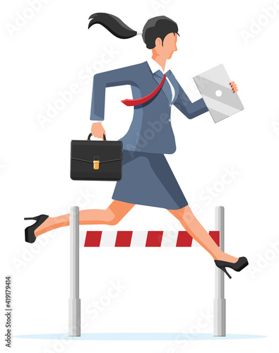 Businesswoman with briefcase runs on obstacle course. Business woman jumping over the barrier. Financial crisis. Risk management challenge. Achievement and goal. Flat vector illustration