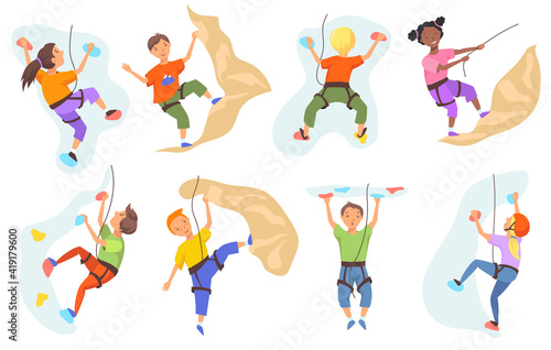 Children climbing mountain wall set. Boys and girls climbers training indoors. Vector illustration for mountaineering, extreme sport, leisure activities