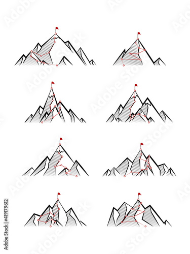Mountain paths. Progress, success hiking path business metaphor. Cartoon progress career concept. Alpinism plan with flag on peak.