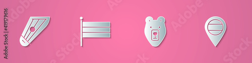Set paper cut Kankles, National Russia flag, Bear head and Location icon. Paper art style. Vector.