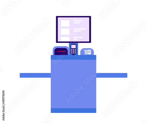Self checkout shop. Paying for products at electronic device. Self-service on terminal with scanner. Cash machine with monitor. Vector flat illustration