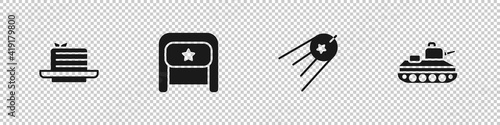 Set Medovik, Ushanka, Satellite and Military tank icon. Vector.