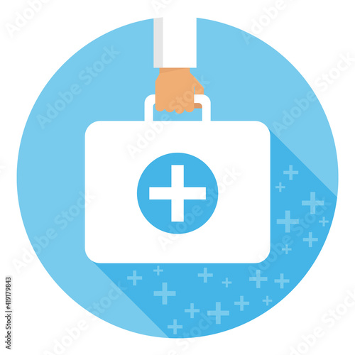 Doctor's suitcase, hand holds doctor's suitcase with long shadow. Vector, cartoon illustration. Vector.