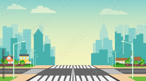 City landscape. Street crossroads against the background of the cityscape. Vector, cartoon illustration. Vector.