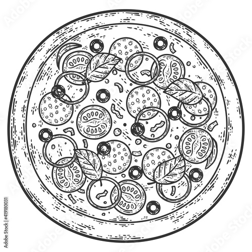 Round pizza. Sketch scratch board imitation. Black and white.
