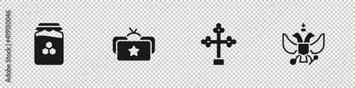 Set Jar of honey, Ushanka, Christian cross and National emblem Russia icon. Vector.