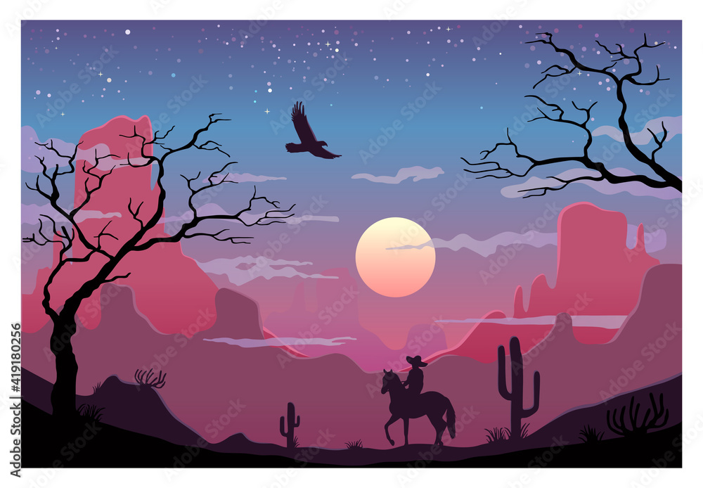 Desert with mountains and cactus. Vector color illustration