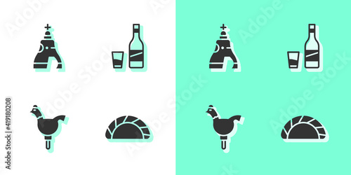 Set Dumpling, The Tsar bell, Cockerel lollipop and Bottle of vodka with glass icon. Vector.