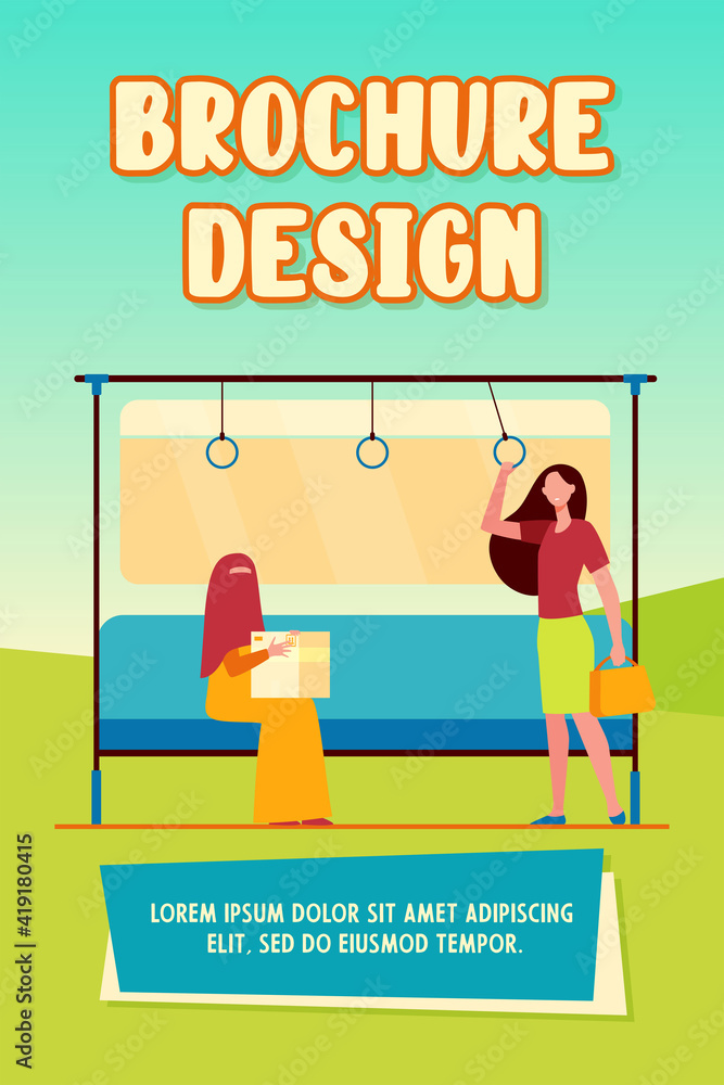 Train passenger standing in carriage near  woman with box. Arabian, abaya, niqab. Flat vector illustration. Terrorism, diversity problem concept for banner, website design or landing web page