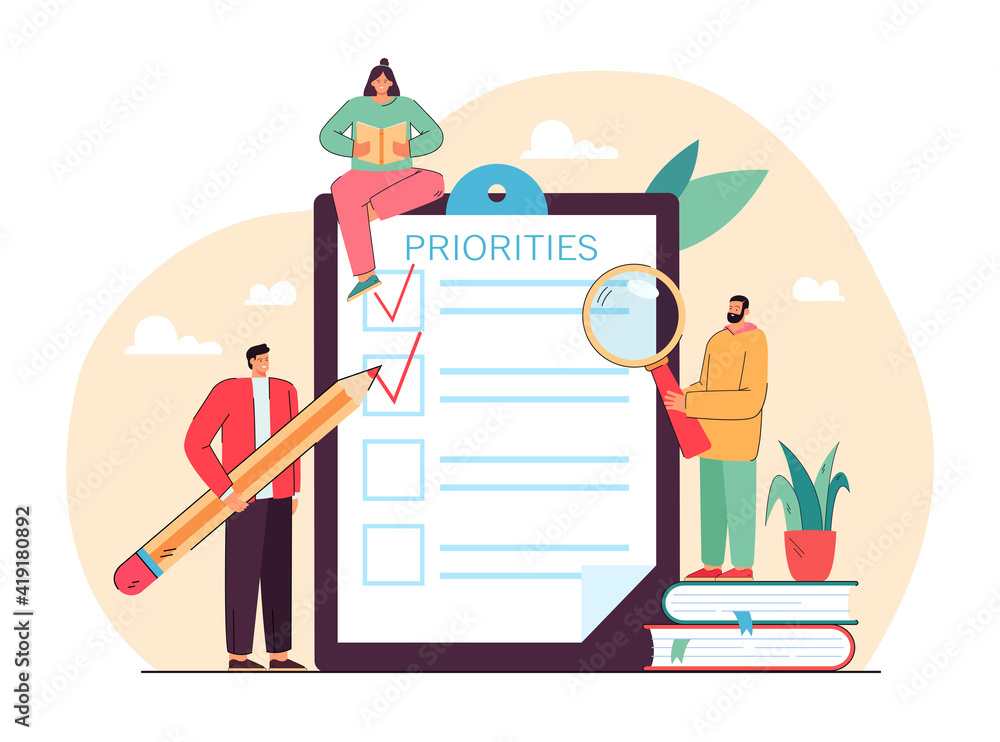 Vecteur Stock Tiny people doing priorities checklist flat vector ...