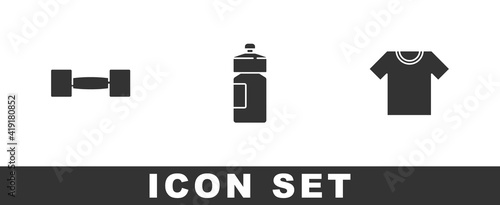 Set Dumbbell, Fitness shaker and T-shirt icon. Vector.
