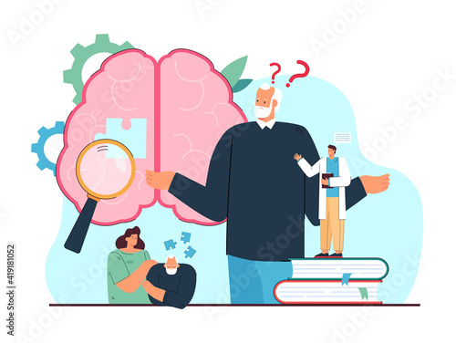 Sad grandfather losing memory isolated flat vector illustration. Cartoon elderly character with Alzheimer disease. Neurology, brain treatment and medical rehabilitation concept