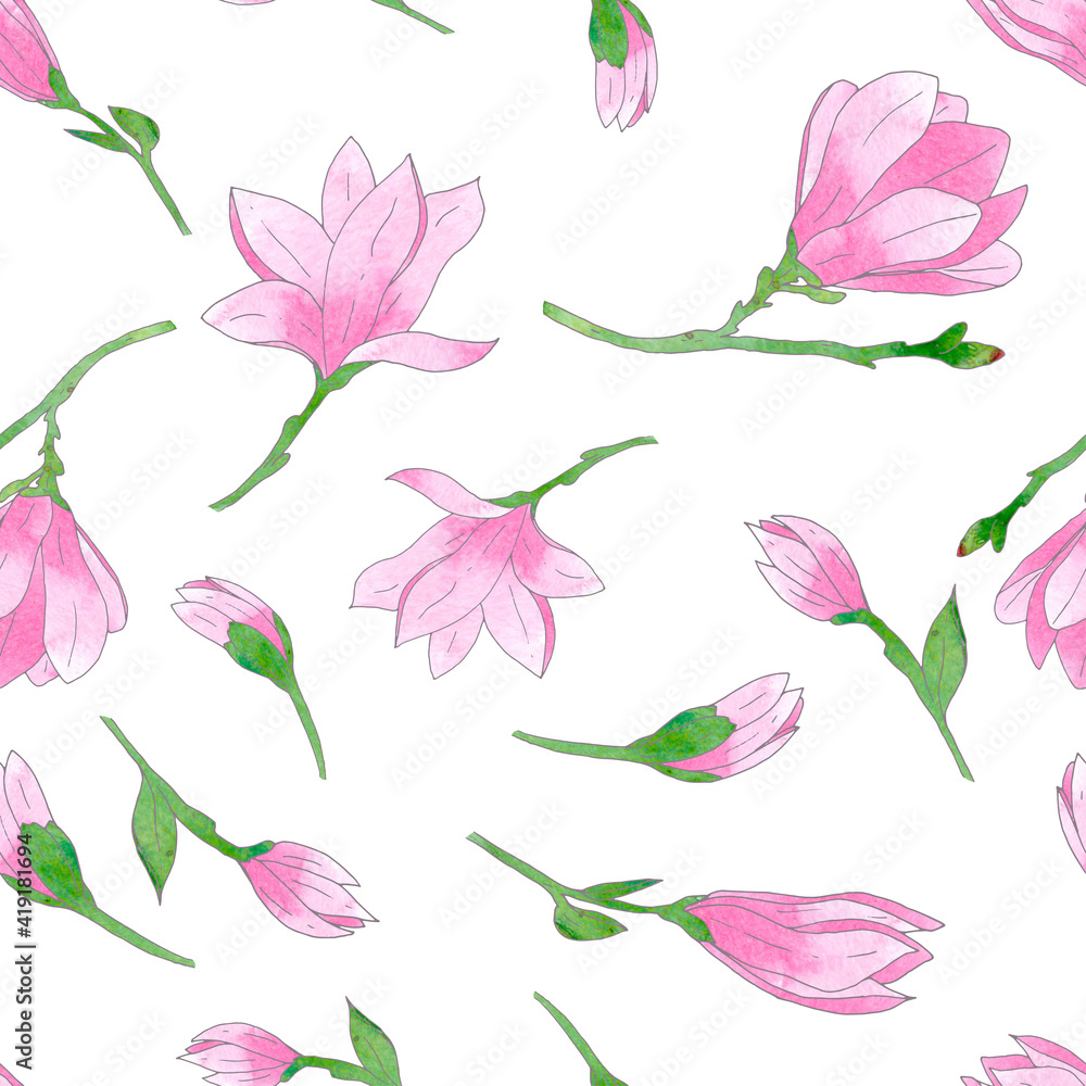 Hand drawn magnolias with watercolor textures in seamless pattern for fabric wallpapers textile Hand drawn magnolias with watercolor textures in seamless pattern for fabric wallpapers textile