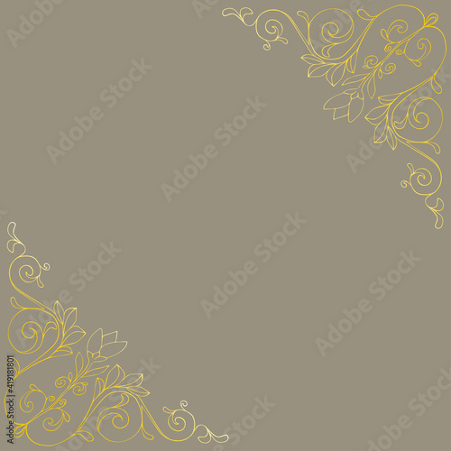 Hand drawn floral art ornate with leaves and flowers for frame colored in gold vector illustration