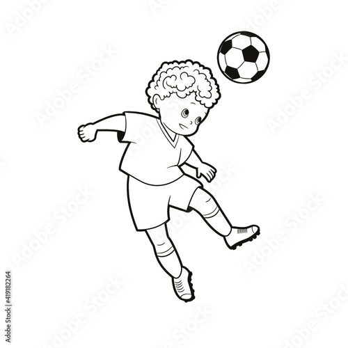 Black and white lines, a teenage football player hits a soccer ball with his head, vector illustration, coloring book in cartoon style