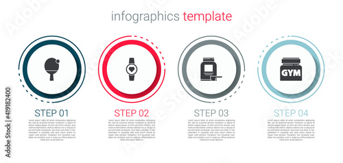Set Racket and ball, Smartwatch, Sports nutrition and . Business infographic template. Vector.