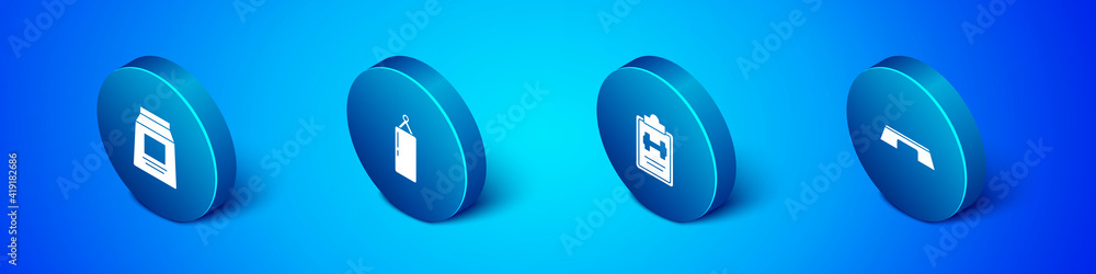 Set Isometric Sports nutrition, training program, Step platform and Punching bag icon. Vector. Set Isometric Sports nutrition, training program, Step platform and Punching bag icon. Vector.