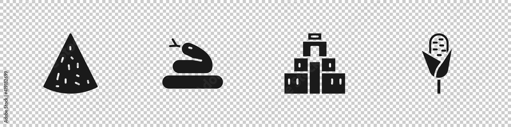 Set Nachos, Snake, Chichen Itza in Mayan and Corn icon. Vector. Set Nachos, Snake, Chichen Itza in Mayan and Corn icon. Vector.