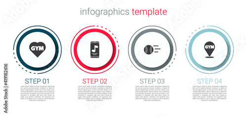 Set Fitness gym heart, Music player, Tennis ball and Location. Business infographic template. Vector.