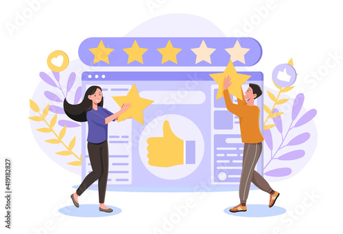 People give review rating and feedback. Flat abstract cartoon vector illustration concept. Customer choice. Know your client. Rank rating stars feedback. Business satisfaction support.