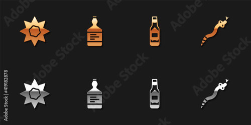 Set Sun, Tequila bottle, Tabasco sauce and Snake icon. Vector.