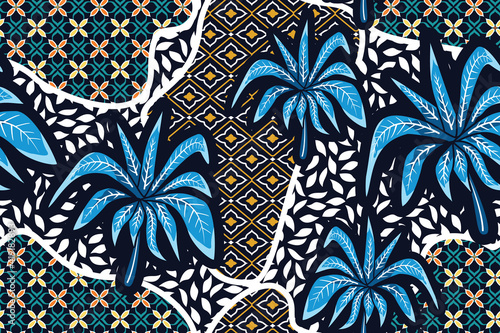 Seamless pattern with tropical leaf vector Illustration, Summer batik style 
