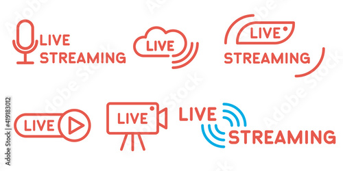Stream broadcast online meeting icon. Set of live streaming icons. Set of Live broadcasting icons. Button, red symbols for news, TV, movies, shows. Vector