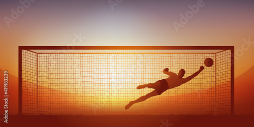 Concept de la defense dans un match de football, avec un gardien qui arrête un tir au but en plongeant sur le ballon.