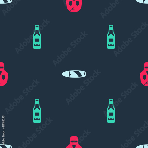 Set Skull, Cigar and Tabasco sauce on seamless pattern. Vector.