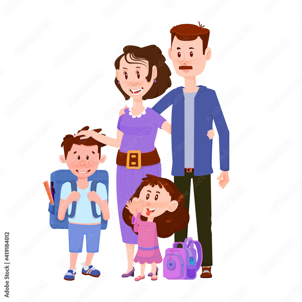 Happy married couple with children boy and girl - flat characters. Happy married couple with children boy and girl - flat characters.