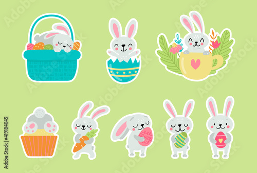 Easter greeting stickers with bunnies. Vector illustration. Set of cute cartoon characters and elements.