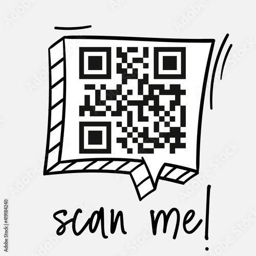 Sample Qr code for smartphone. Scan me inscription tag. QR Code icon for scanning. Qr verification.