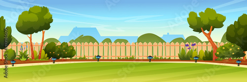 Garden backyard with wooden fence hedge, green trees and bushes, grass and flowers, park plants, house on background. Vector spring or summer outside landscape. Farm natural view, eco agriculture