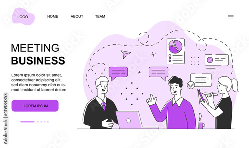 Corporate video call, distant discussion concept. Business videoconference with colleagues. Flat abstract cartoon outline vector illustration isolated on white background. website, web page, template.