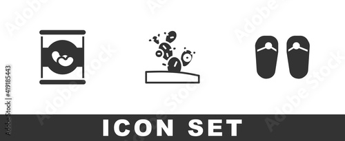 Set Beans in can, Cactus and Flip flops icon. Vector.