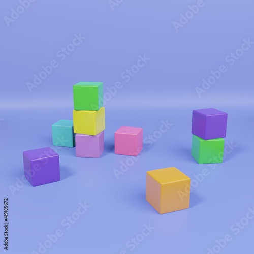 Colorful building blocks 3d illustration on blue background