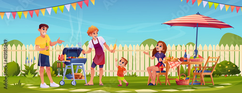 Bbq people party on garden backyard, happy family cooking food outdoors in garden with fence. Vector mother father and children grilling meat, picnic outdoors. Barbeque table, umbrella and flags
