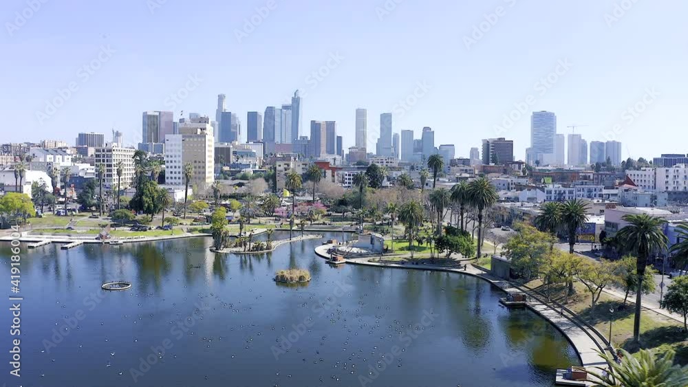 Aerial view of famous MacArthur Park and downtown Los Angeles during a bright, sunny day. Aerial view of famous MacArthur Park and downtown Los Angeles during a bright, sunny day.