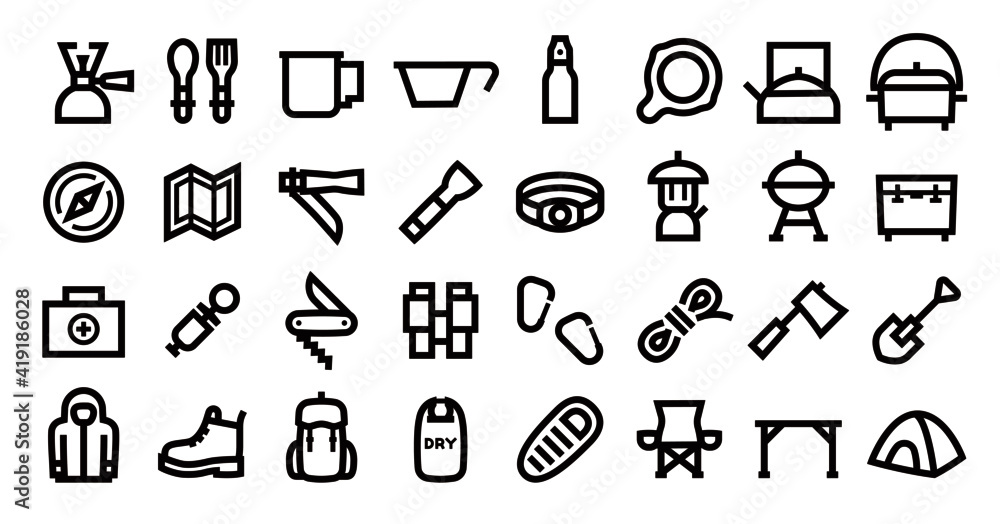 Fototapeta premium Camping and Outdoor Gear Icon Set (Bold outline version)