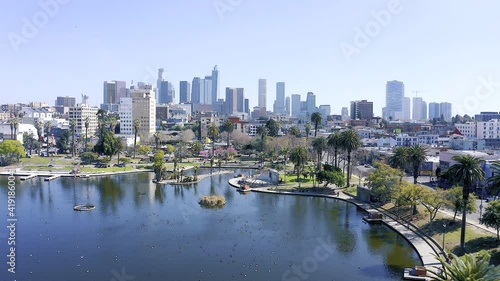 Aerial view of famous MacArthur Park and downtown Los Angeles during a bright, sunny day.