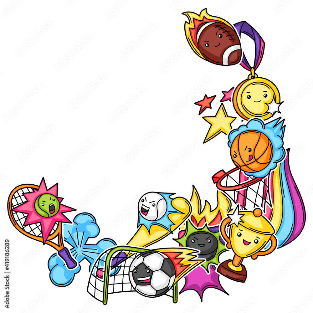 Fototapeta premium Frame with kawaii sport items.