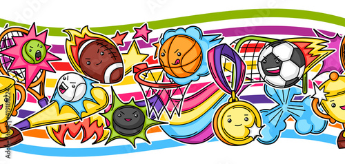 Seamless pattern with kawaii sport items.