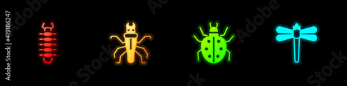 Set Centipede, Termite, Mite and Dragonfly icon. Vector.