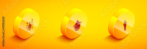 Set Isometric Beetle deer, Beekeeper hat and Larva insect icon. Vector.